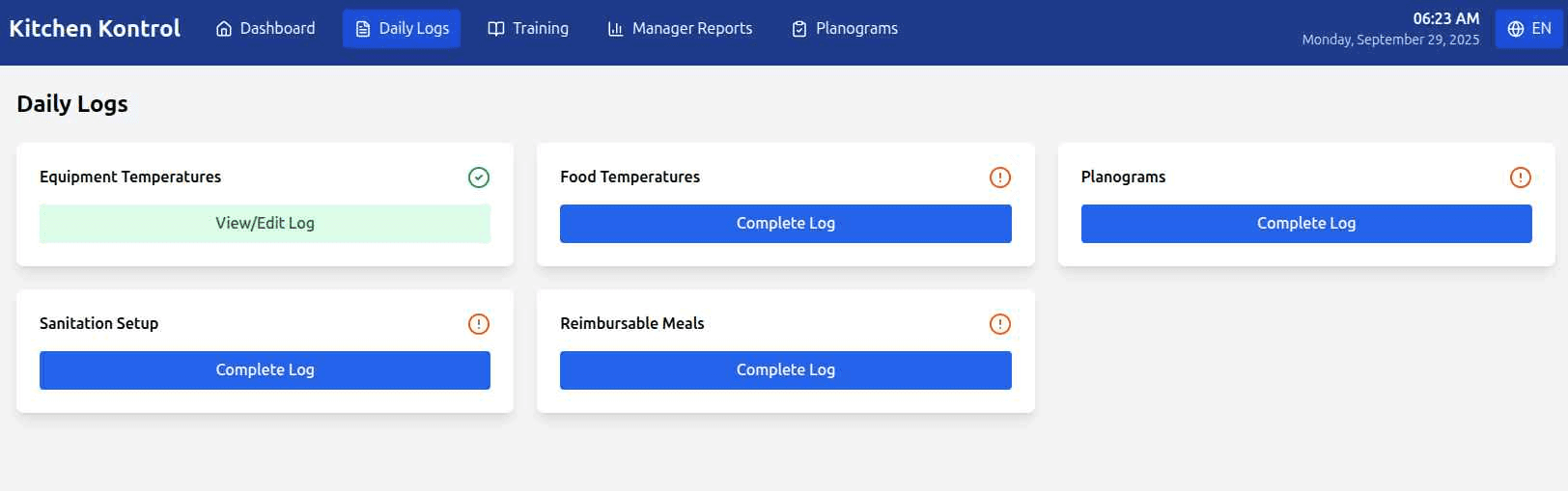 Daily Logs Dashboard showing Equipment Temperatures, Food Temperatures, Planograms, Sanitation Setup, and Reimbursable Meals cards