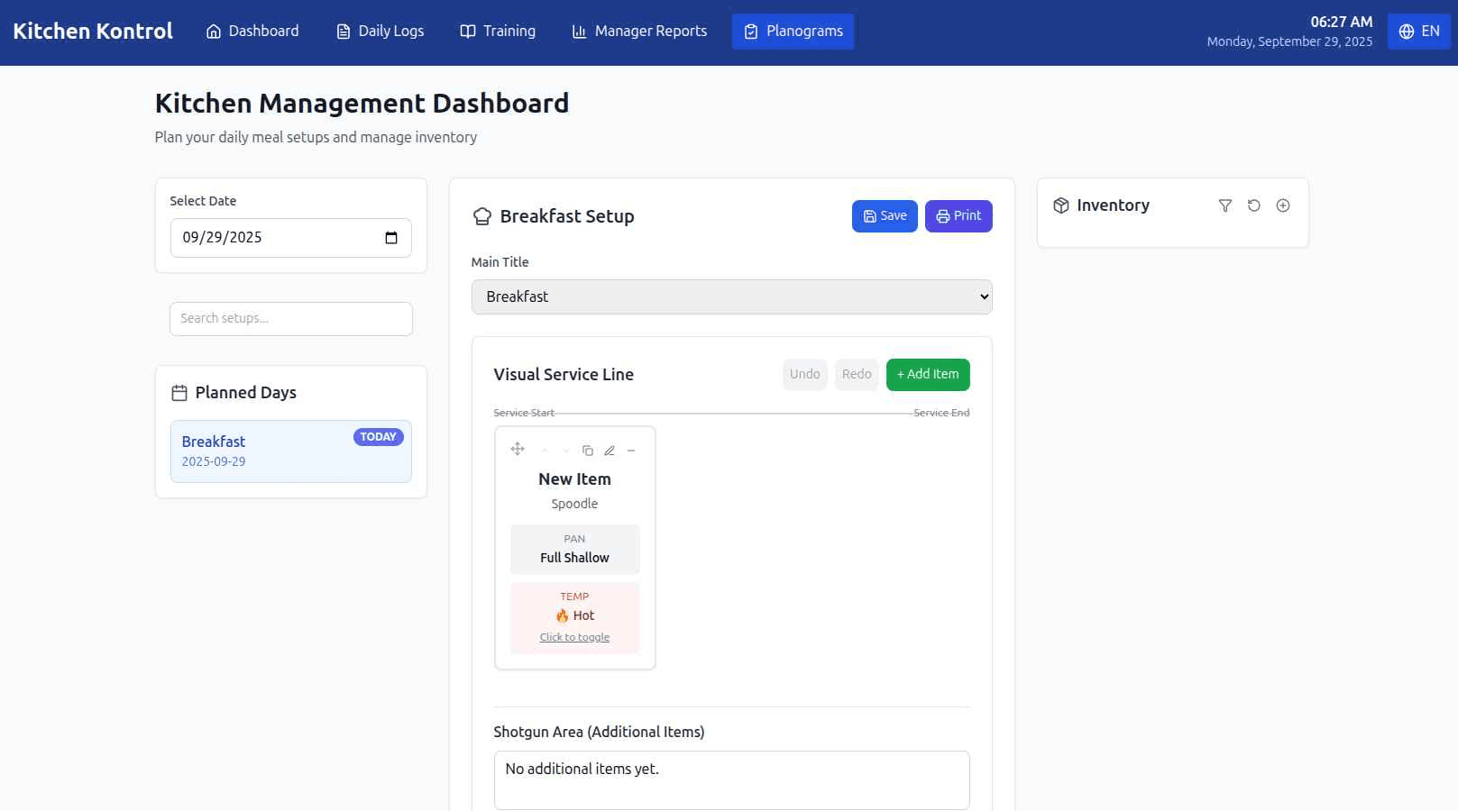 Kitchen Management Dashboard showing Breakfast Setup with Visual Service Line builder and Inventory panel