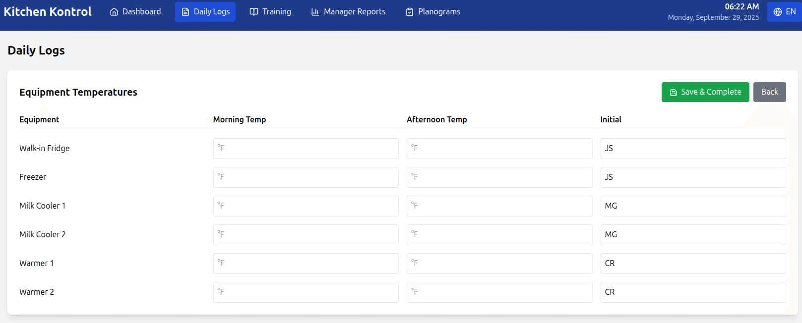 Equipment Temperature Log showing Walk-in Fridge, Freezer, Milk Coolers, and Warmers with morning and afternoon temperature fields